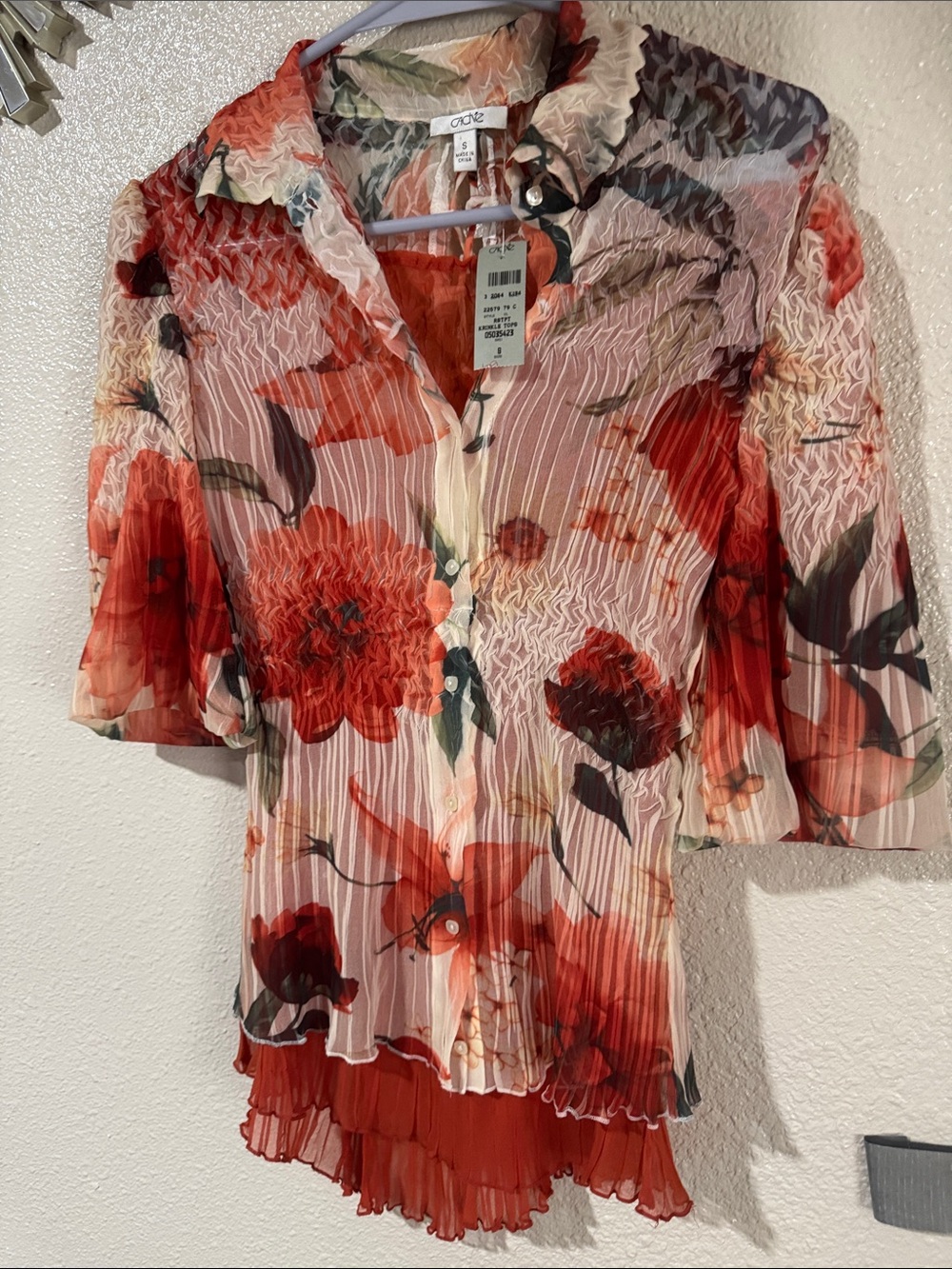 Cache Red Floral Pleated Button-Down Blouse